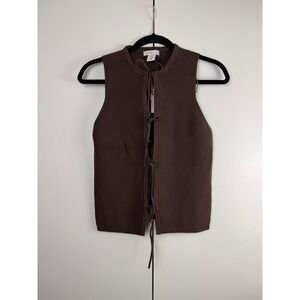 Sincerely Jules Brown Ribbed Lace Up Mock Neck Sleeveless Vest Top
